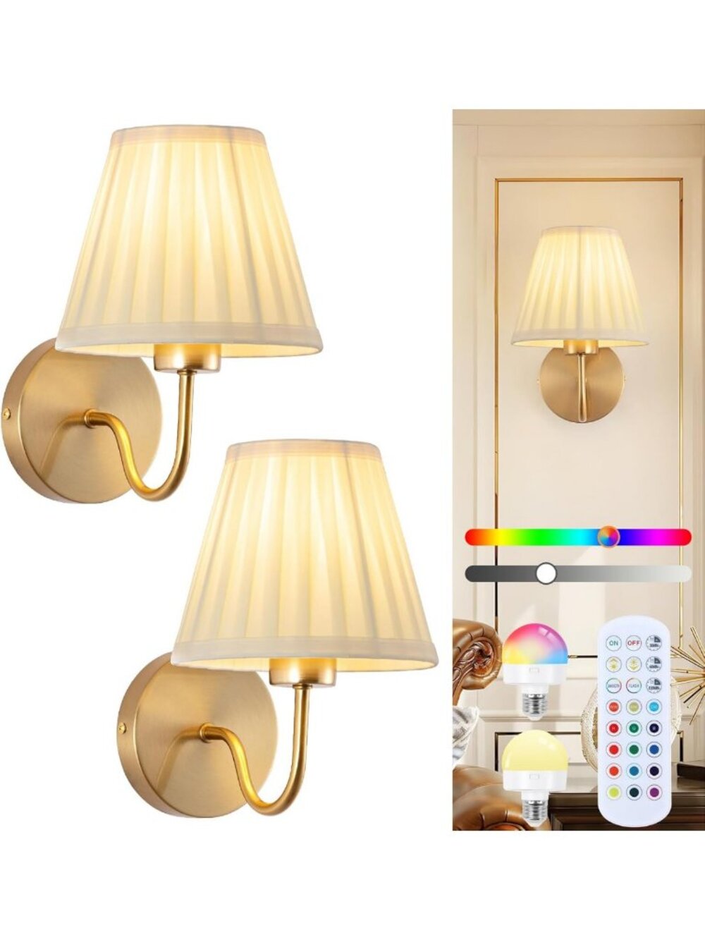 Vintage Battery Operated Wall Sconces - Set of 2, Cordless Gold Lamps with